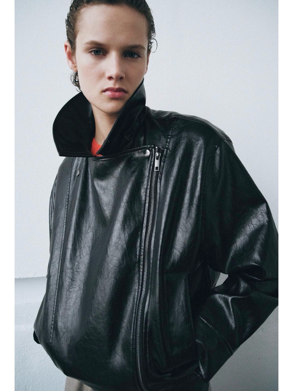 Zara Black Leather Asymmetric Zip Jacket - Women